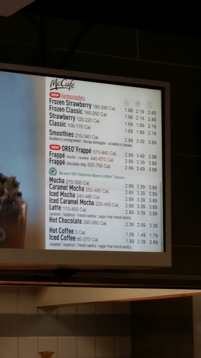 The 2015 McCafe Coffee Drink Menu at McDonalds